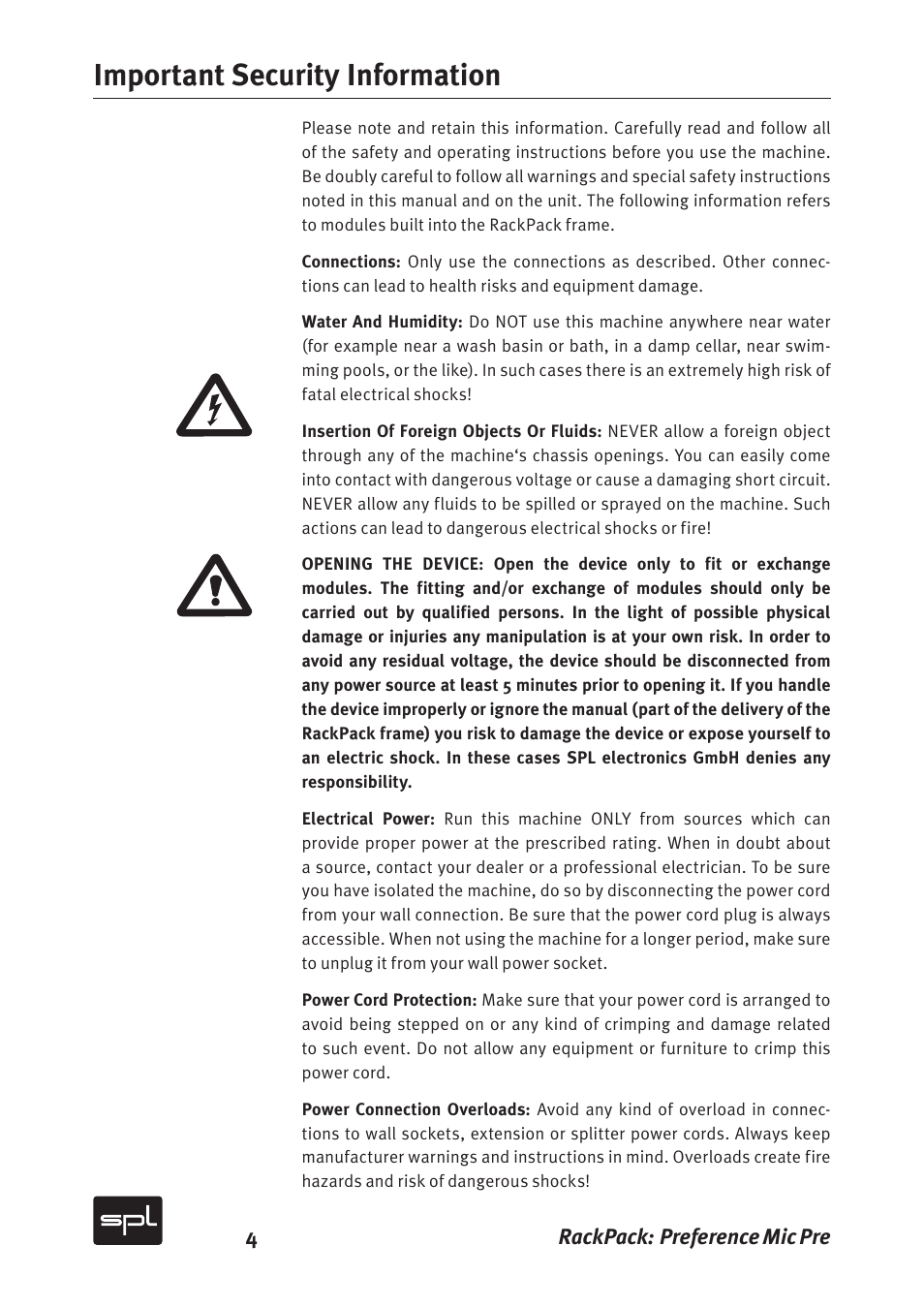 Important security information | Sound Performance Lab 2711 User Manual | Page 4 / 20