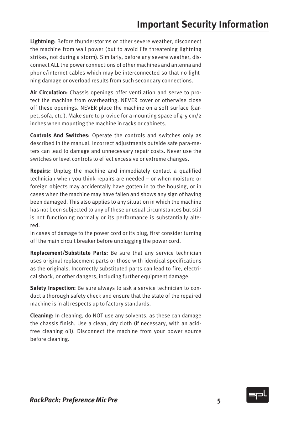 Important security information | Sound Performance Lab 2711 User Manual | Page 5 / 20