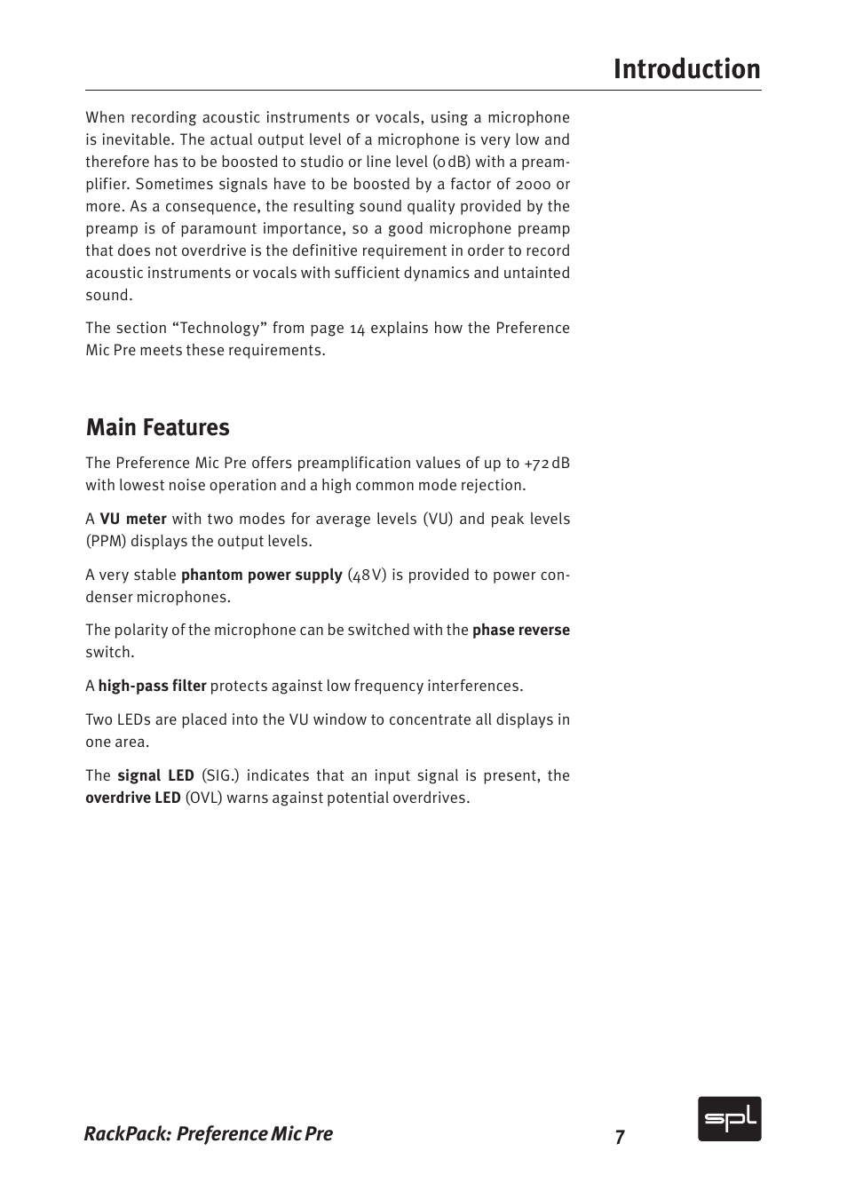 Introduction, Main features | Sound Performance Lab 2711 User Manual | Page 7 / 20