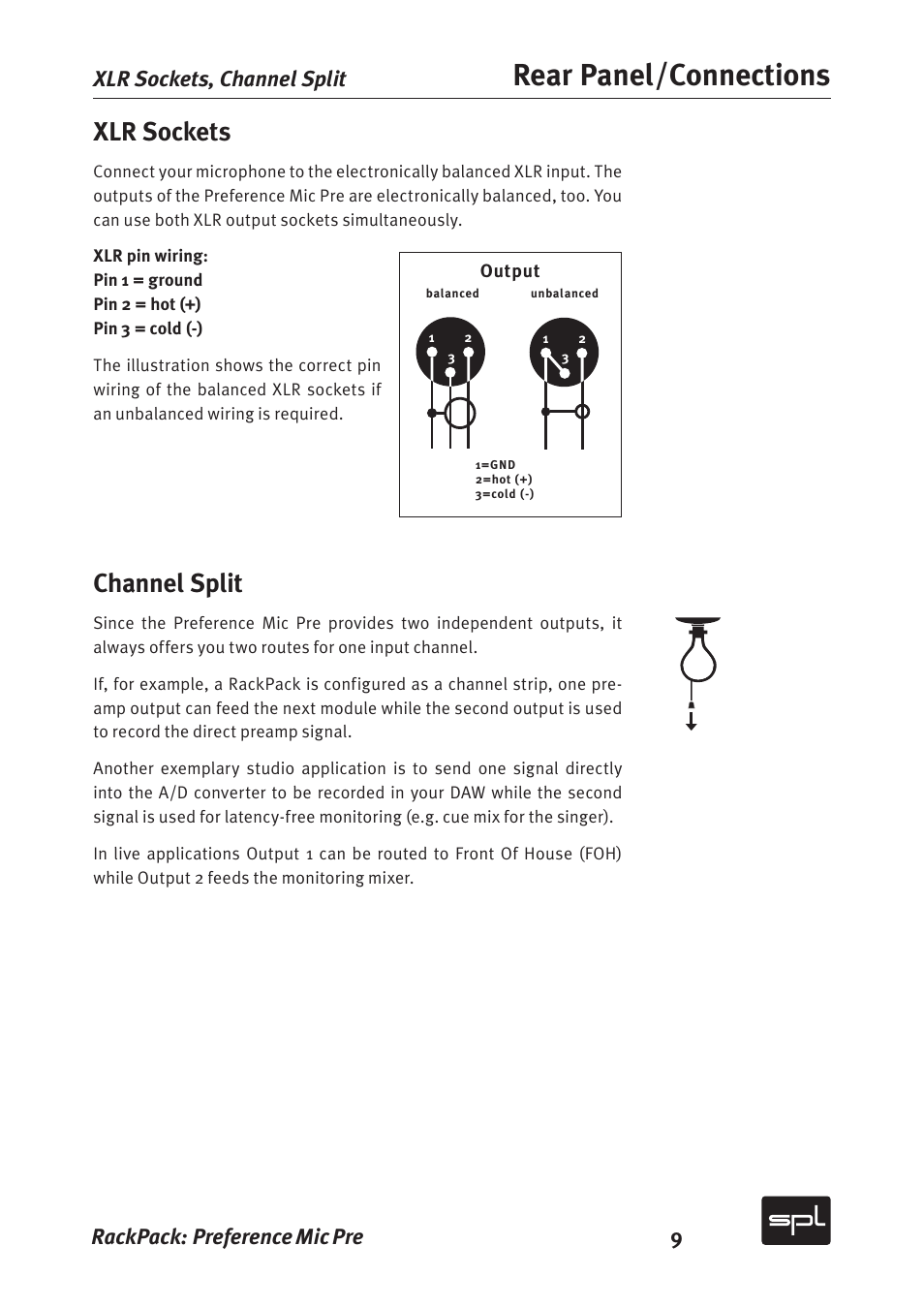 Rear panel/connections, Xlr sockets, Channel split | Rackpack: preference mic pre 9, Xlr sockets, channel split | Sound Performance Lab 2711 User Manual | Page 9 / 20