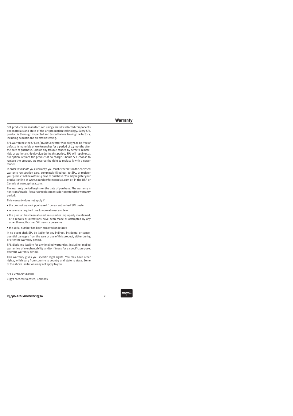 Warranty | Sound Performance Lab 2376 User Manual | Page 11 / 12