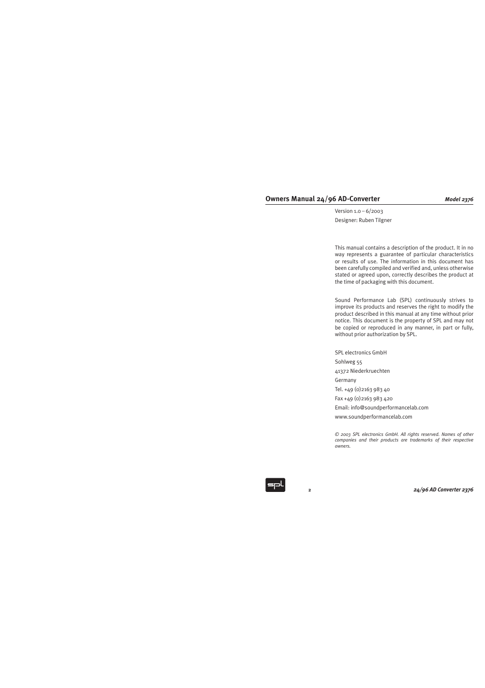 Sound Performance Lab 2376 User Manual | Page 2 / 12