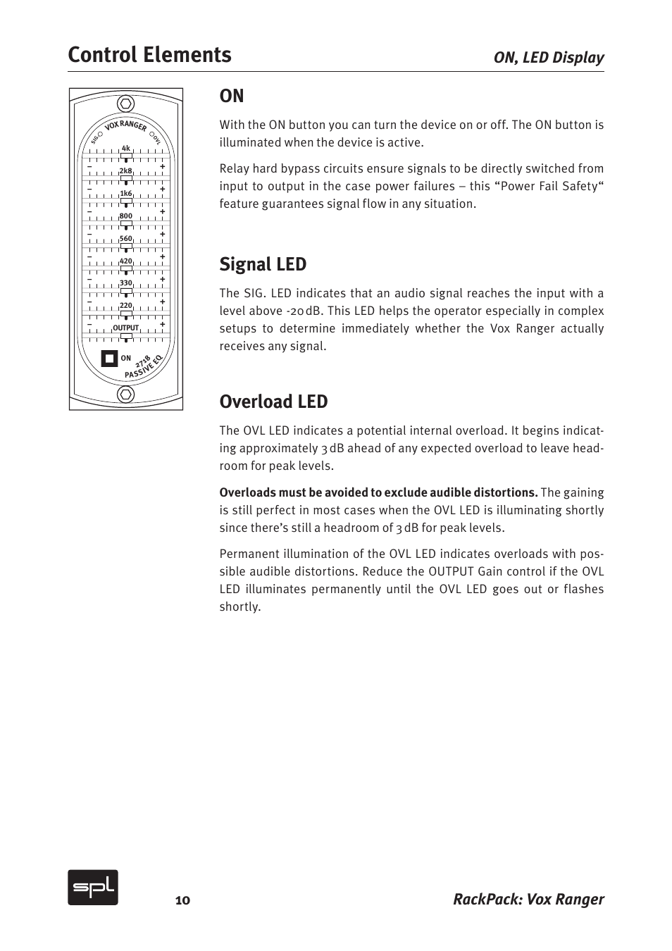 Control elements, Signal led, Overload led | 10 rackpack: vox ranger on, led display | Sound Performance Lab Vox Ranger Graphic Equalizer For The Vocal Range 2718 User Manual | Page 10 / 20