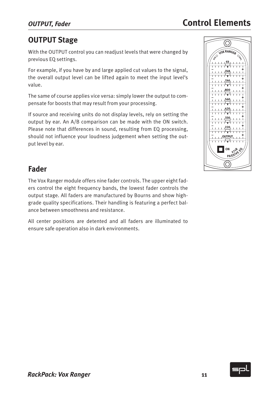 Control elements, Output stage, Fader | Rackpack: vox ranger 11 output, fader | Sound Performance Lab Vox Ranger Graphic Equalizer For The Vocal Range 2718 User Manual | Page 11 / 20