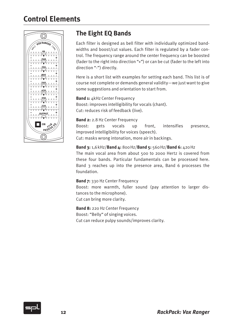 Control elements, The eight eq bands, 12 rackpack: vox ranger | Sound Performance Lab Vox Ranger Graphic Equalizer For The Vocal Range 2718 User Manual | Page 12 / 20