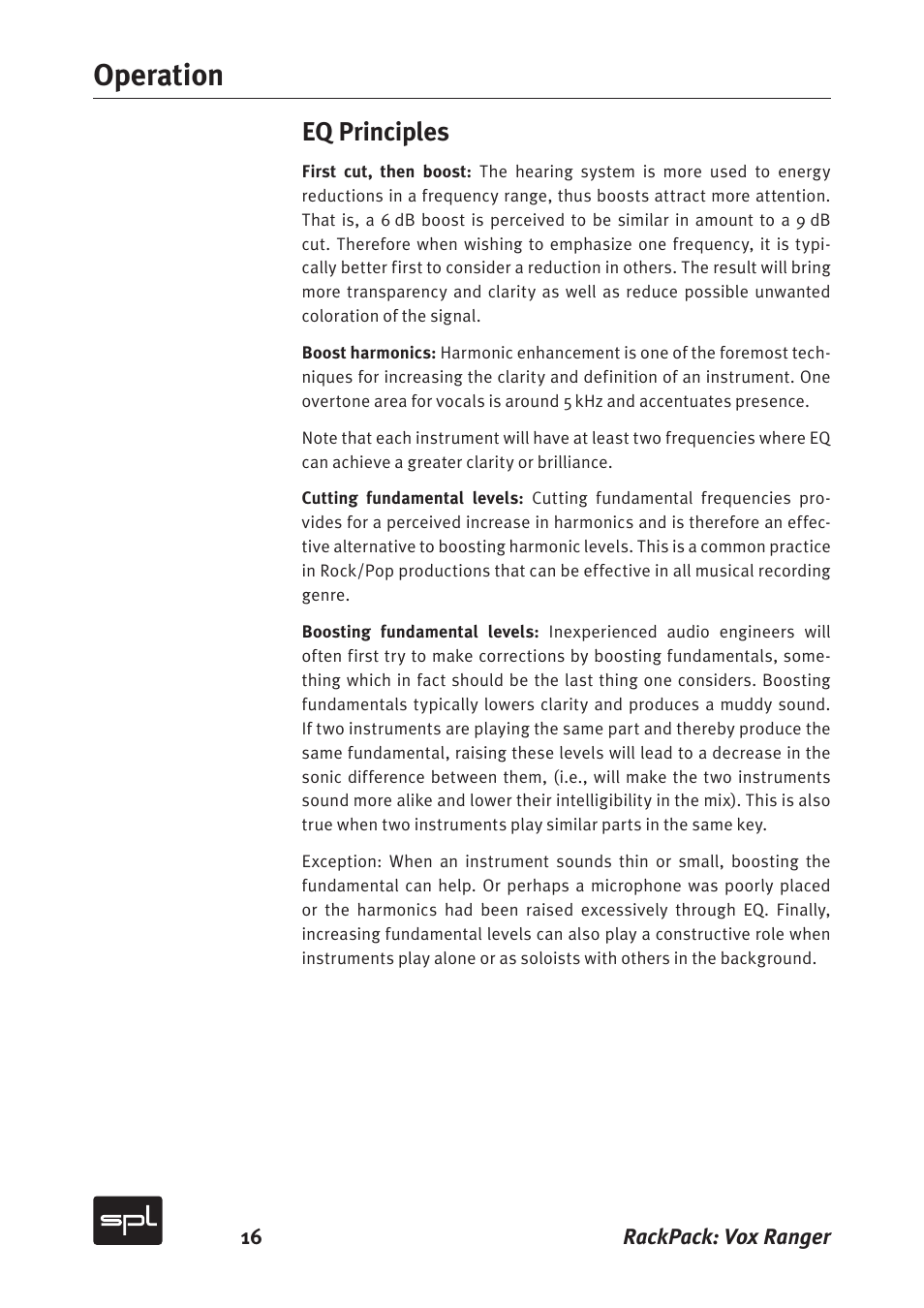 Operation, Eq principles | Sound Performance Lab Vox Ranger Graphic Equalizer For The Vocal Range 2718 User Manual | Page 16 / 20