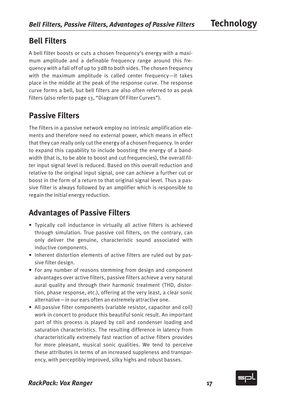 Technology, Bell filters, Passive filters | Advantages of passive filters | Sound Performance Lab Vox Ranger Graphic Equalizer For The Vocal Range 2718 User Manual | Page 17 / 20