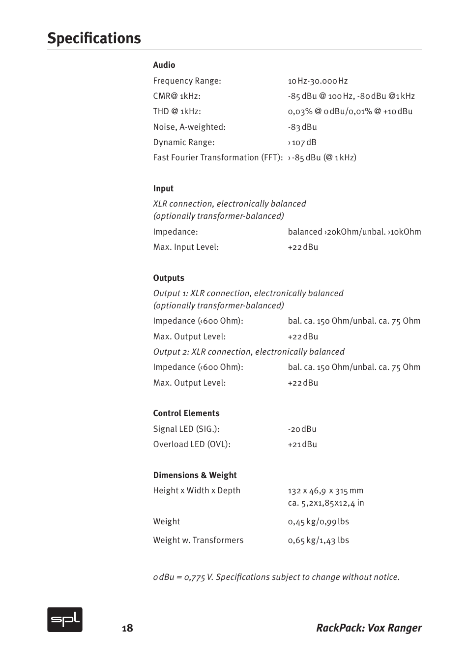 Specifications, 18 rackpack: vox ranger | Sound Performance Lab Vox Ranger Graphic Equalizer For The Vocal Range 2718 User Manual | Page 18 / 20