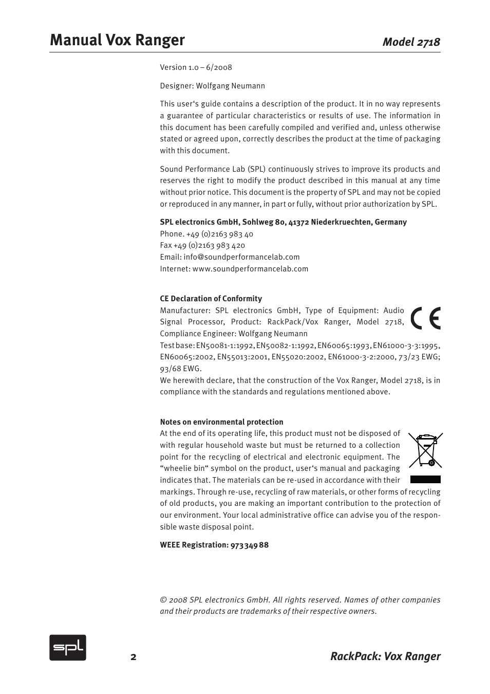 Manual vox ranger, 2rackpack: vox ranger, Model 2718 | Sound Performance Lab Vox Ranger Graphic Equalizer For The Vocal Range 2718 User Manual | Page 2 / 20