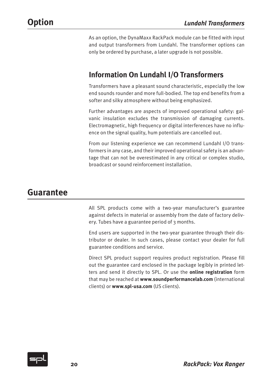 Option guarantee, Information on lundahl i/o transformers | Sound Performance Lab Vox Ranger Graphic Equalizer For The Vocal Range 2718 User Manual | Page 20 / 20