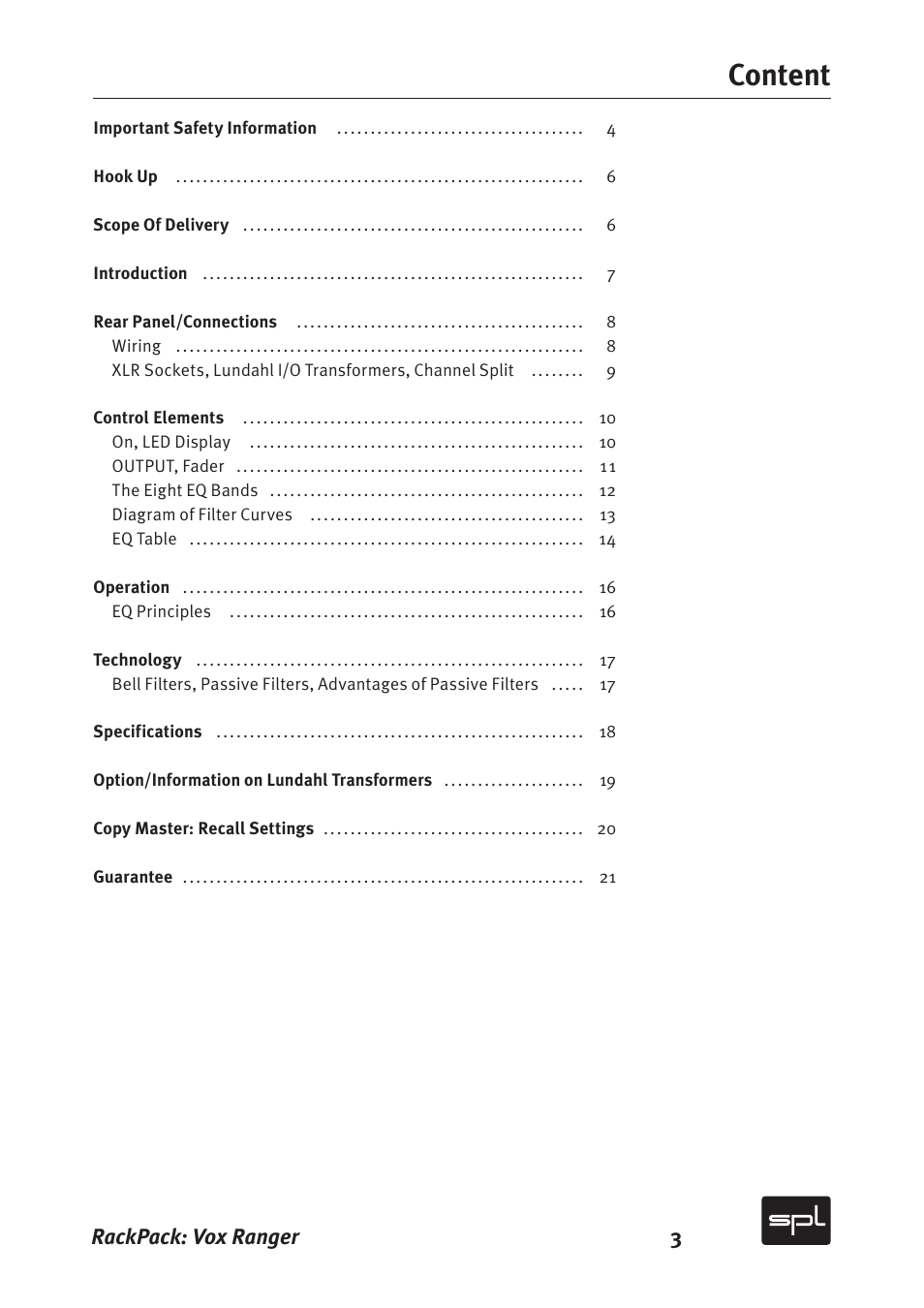 Content | Sound Performance Lab Vox Ranger Graphic Equalizer For The Vocal Range 2718 User Manual | Page 3 / 20