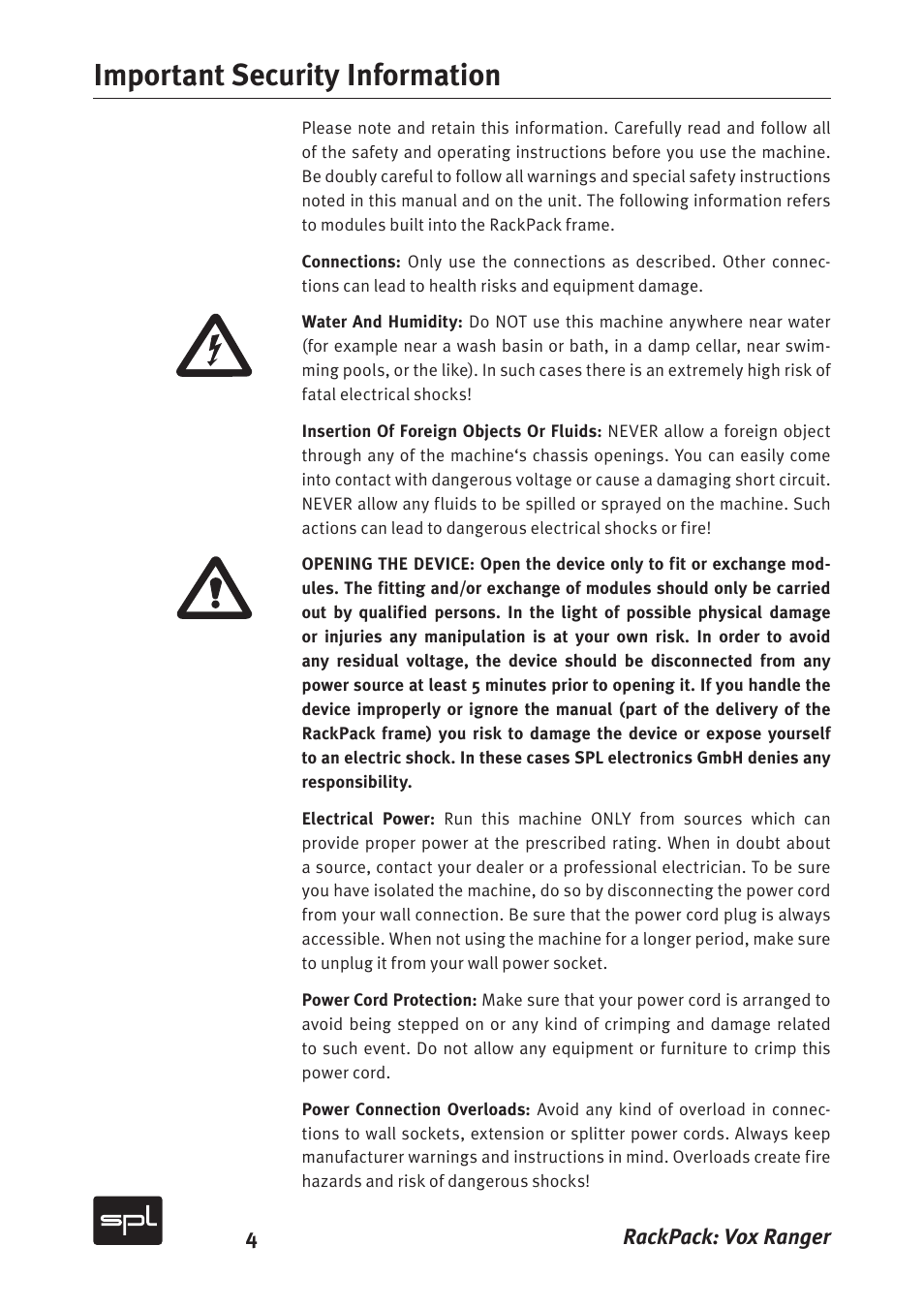 Important security information | Sound Performance Lab Vox Ranger Graphic Equalizer For The Vocal Range 2718 User Manual | Page 4 / 20