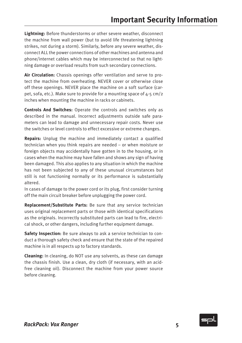 Important security information | Sound Performance Lab Vox Ranger Graphic Equalizer For The Vocal Range 2718 User Manual | Page 5 / 20