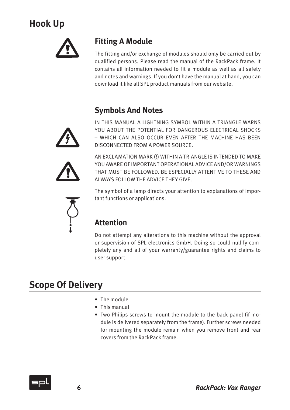 Hook up scope of delivery, Fitting a module, Attention | Sound Performance Lab Vox Ranger Graphic Equalizer For The Vocal Range 2718 User Manual | Page 6 / 20