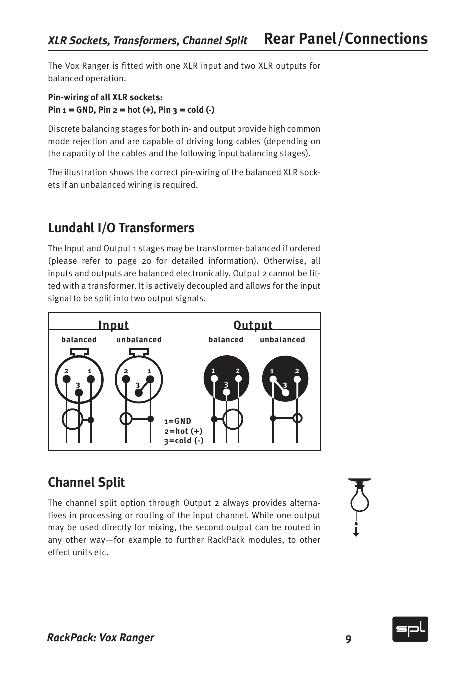 Rear panel/connections, Lundahl i/o transformers, Channel split | Oqvu 0vuqvu | Sound Performance Lab Vox Ranger Graphic Equalizer For The Vocal Range 2718 User Manual | Page 9 / 20