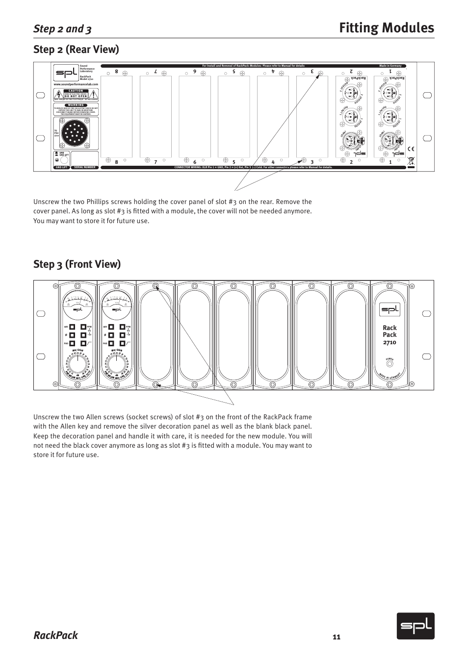 Fitting modules, Rackpack, Step 2 (rear view) | Step 3 (front view), Step 2 and 3, 3bdl 1bdl | Sound Performance Lab RackPack 2710 User Manual | Page 11 / 16