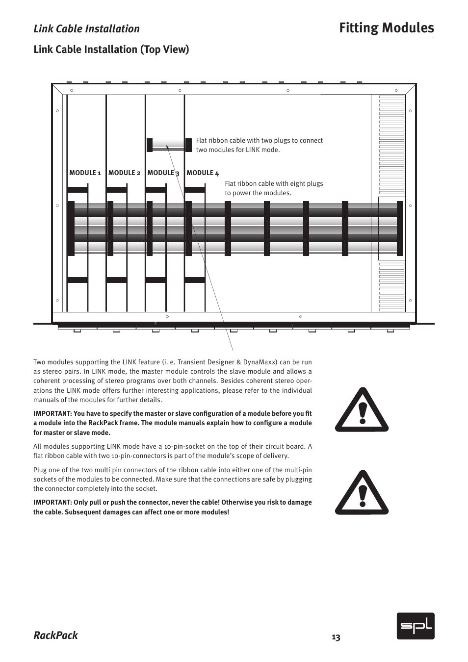 Fitting modules, Rackpack link cable installation (top view), Link cable installation | Sound Performance Lab RackPack 2710 User Manual | Page 13 / 16