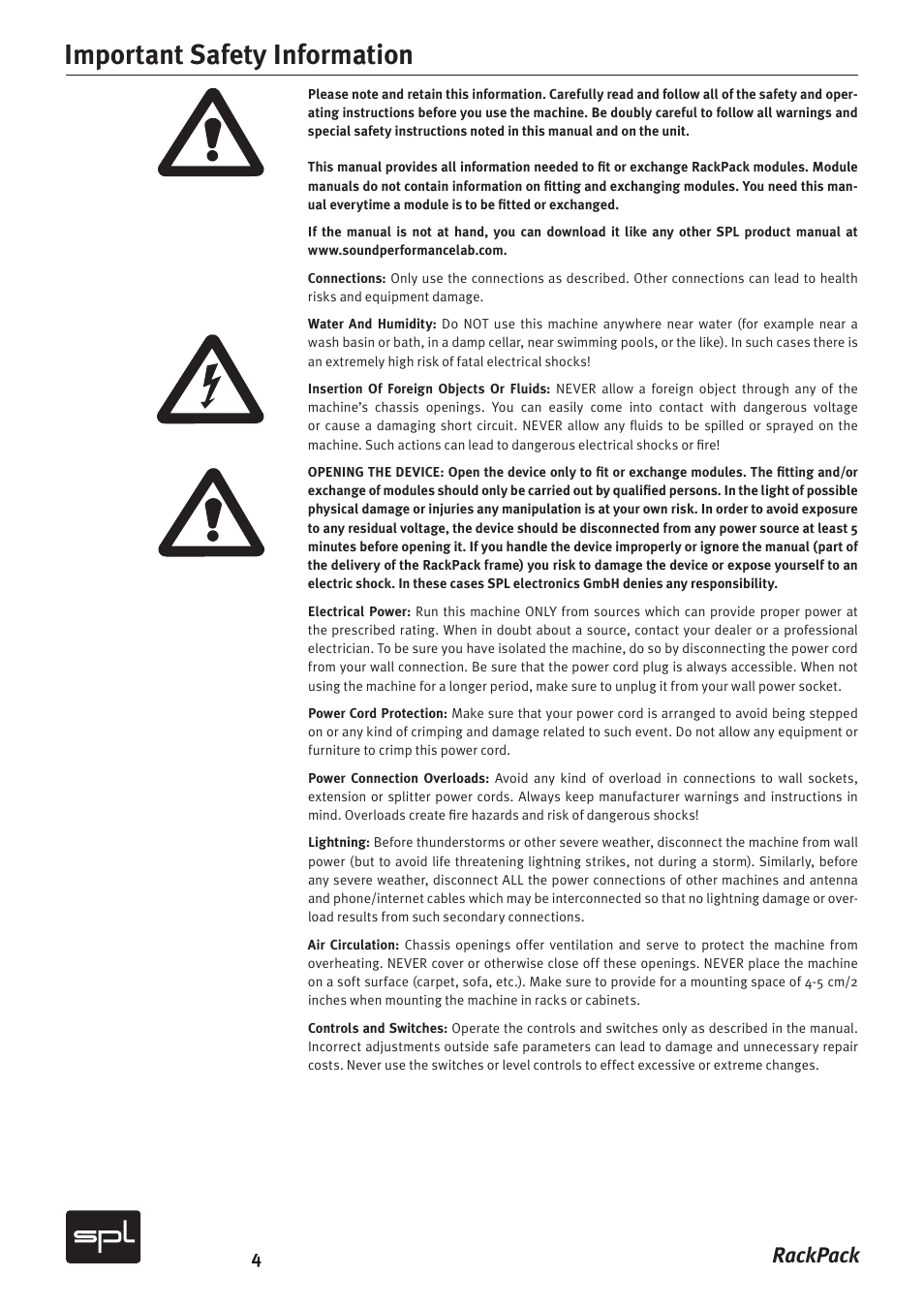 Important safety information, Rackpack | Sound Performance Lab RackPack 2710 User Manual | Page 4 / 16