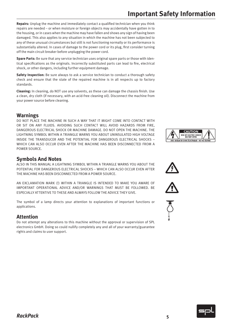 Important safety information, Rackpack, Warnings | Attention | Sound Performance Lab RackPack 2710 User Manual | Page 5 / 16