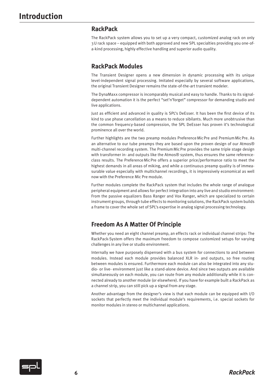 Introduction, Rackpack, Rackpack modules | Freedom as a matter of principle | Sound Performance Lab RackPack 2710 User Manual | Page 6 / 16