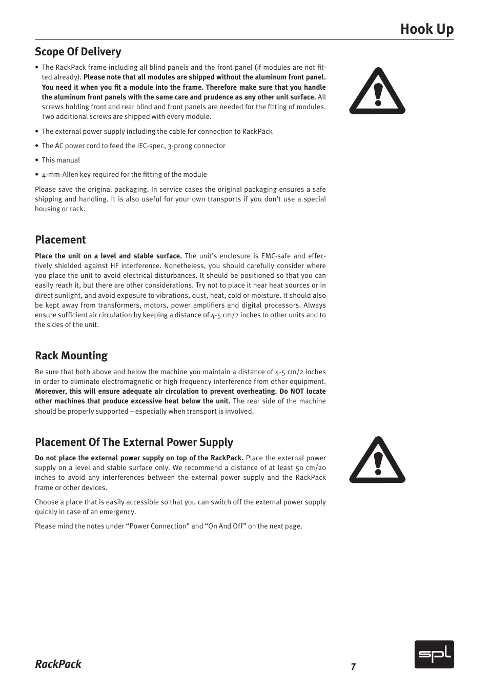 Hook up, Rackpack scope of delivery, Placement | Rack mounting, Placement of the external power supply | Sound Performance Lab RackPack 2710 User Manual | Page 7 / 16