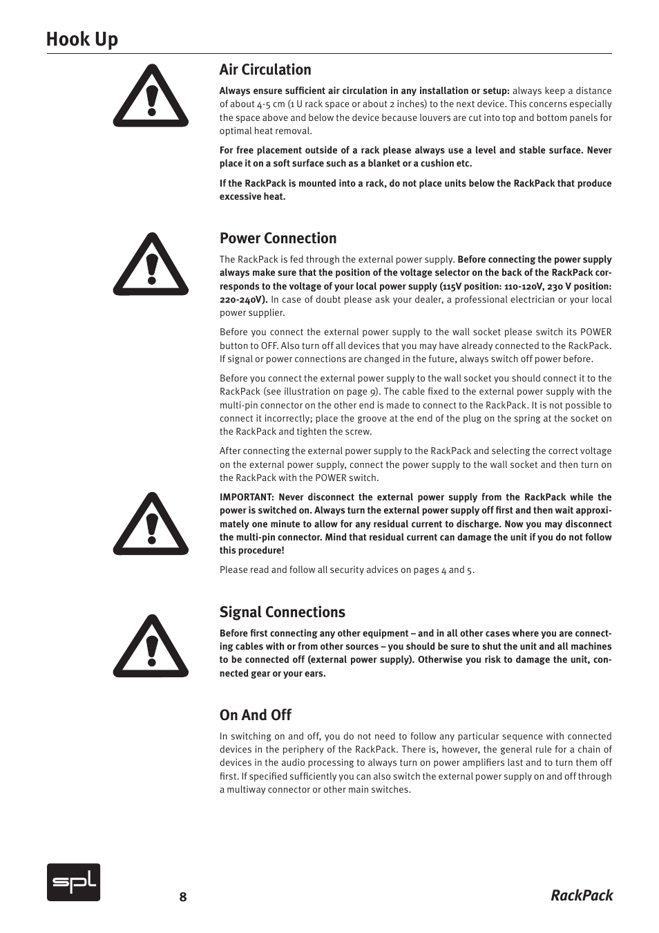 Hook up, Rackpack air circulation, Power connection | Signal connections, On and off | Sound Performance Lab RackPack 2710 User Manual | Page 8 / 16