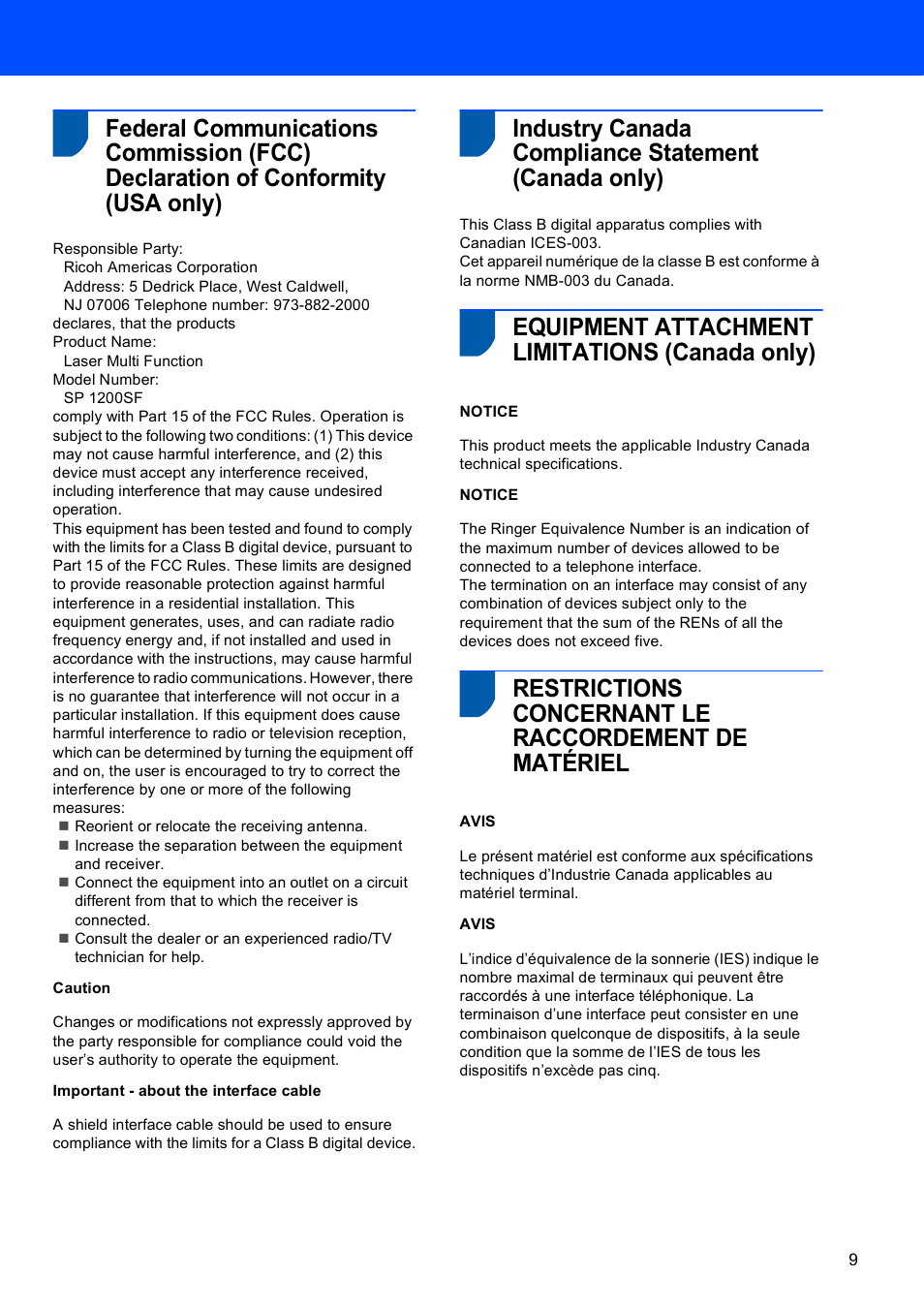 Industry canada compliance statement (canada only), Equipment attachment limitations (canada only) | Scanport Ricoh SP 1200SF User Manual | Page 11 / 36