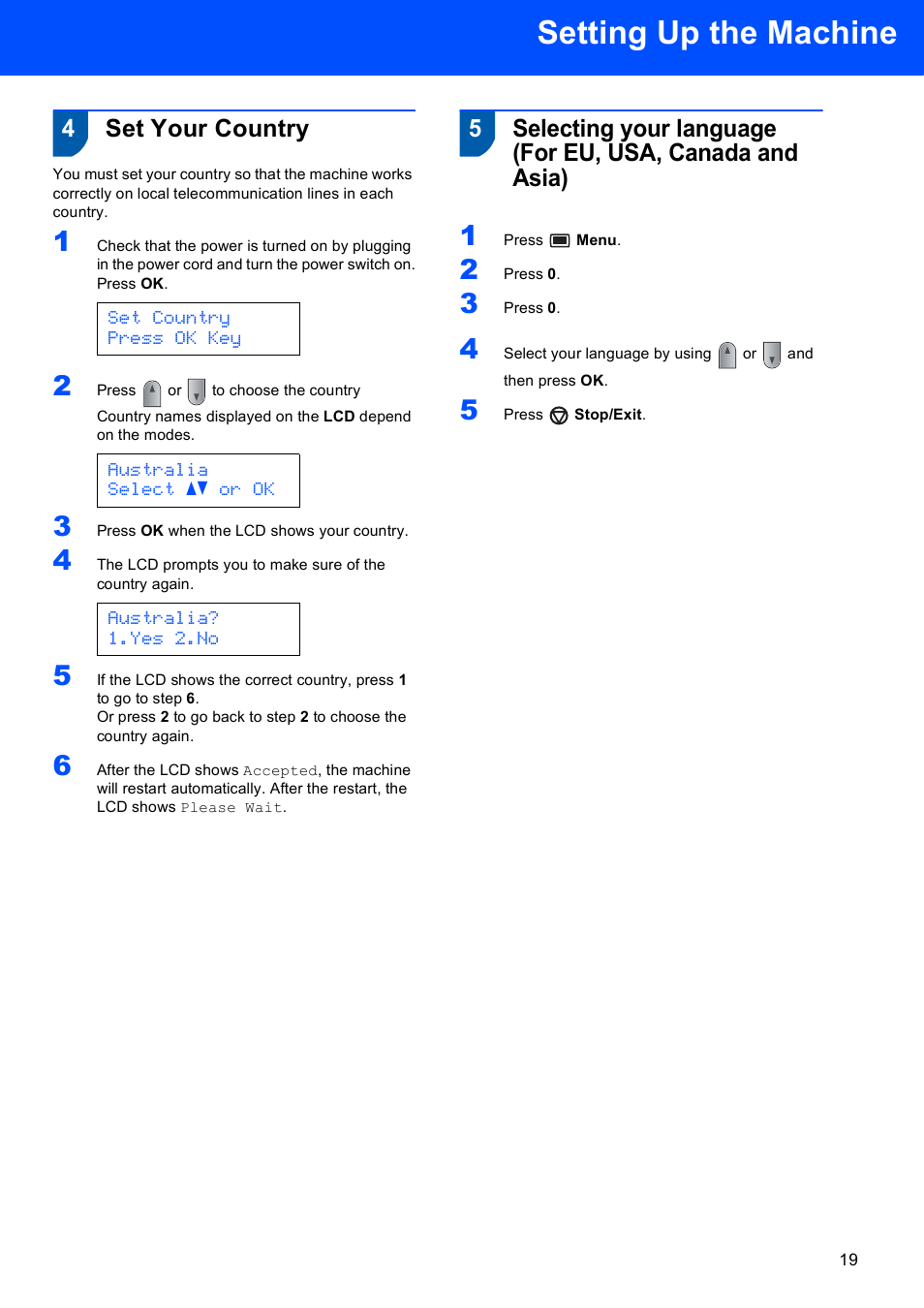 Set your country, Setting up the machine, 4set your country | Scanport Ricoh SP 1200SF User Manual | Page 21 / 36