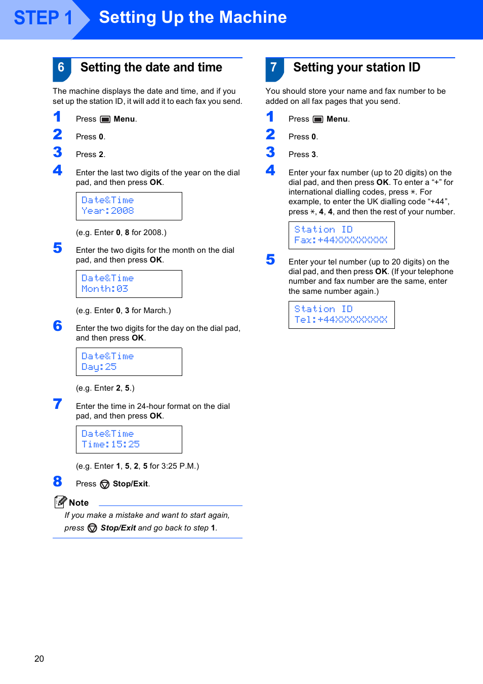 Setting the date and time, Setting your station id, Setting the date and time setting your station id | Step 1, Setting up the machine, 6setting the date and time, 7setting your station id | Scanport Ricoh SP 1200SF User Manual | Page 22 / 36