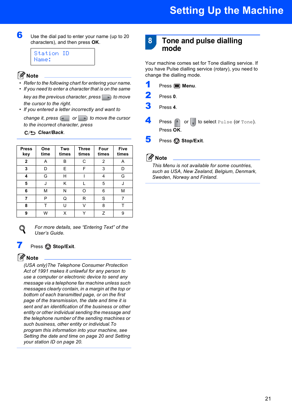 Tone and pulse dialling mode, Setting up the machine, 8tone and pulse dialling mode | Station id name | Scanport Ricoh SP 1200SF User Manual | Page 23 / 36