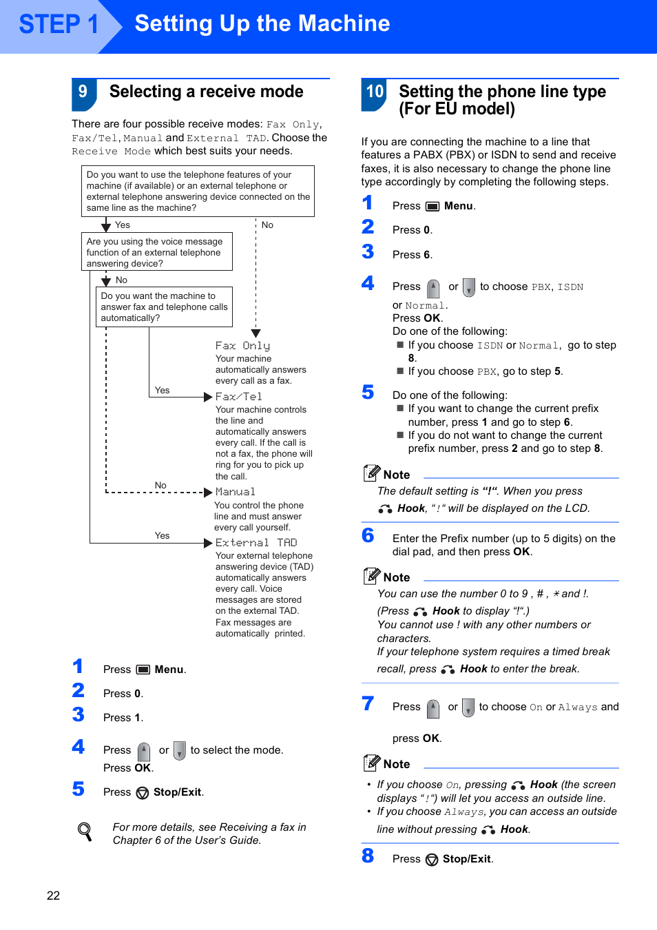 Selecting a receive mode, Setting the phone line type (for eu model), Step 1 | Setting up the machine, 9selecting a receive mode, 10 setting the phone line type (for eu model) | Scanport Ricoh SP 1200SF User Manual | Page 24 / 36