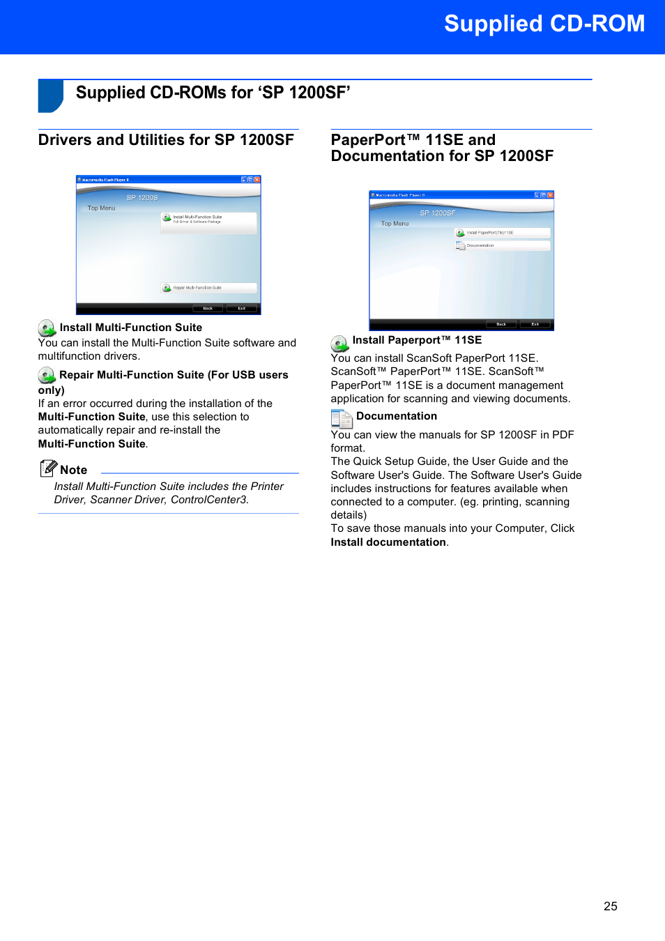 Supplied cd-rom, Supplied cd-roms for ‘sp 1200sf, Drivers and utilities for sp 1200sf | Paperport™ 11se and documentation for sp 1200sf | Scanport Ricoh SP 1200SF User Manual | Page 27 / 36