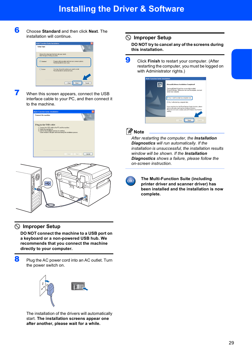 Installing the driver & software, Improper setup | Scanport Ricoh SP 1200SF User Manual | Page 31 / 36