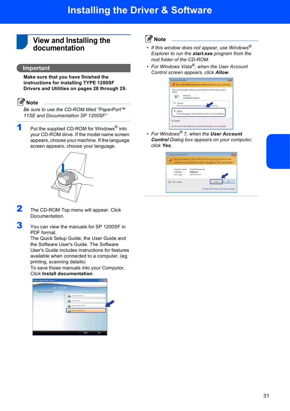 View and installing the documentation, Installing the driver & software, Important | Scanport Ricoh SP 1200SF User Manual | Page 33 / 36