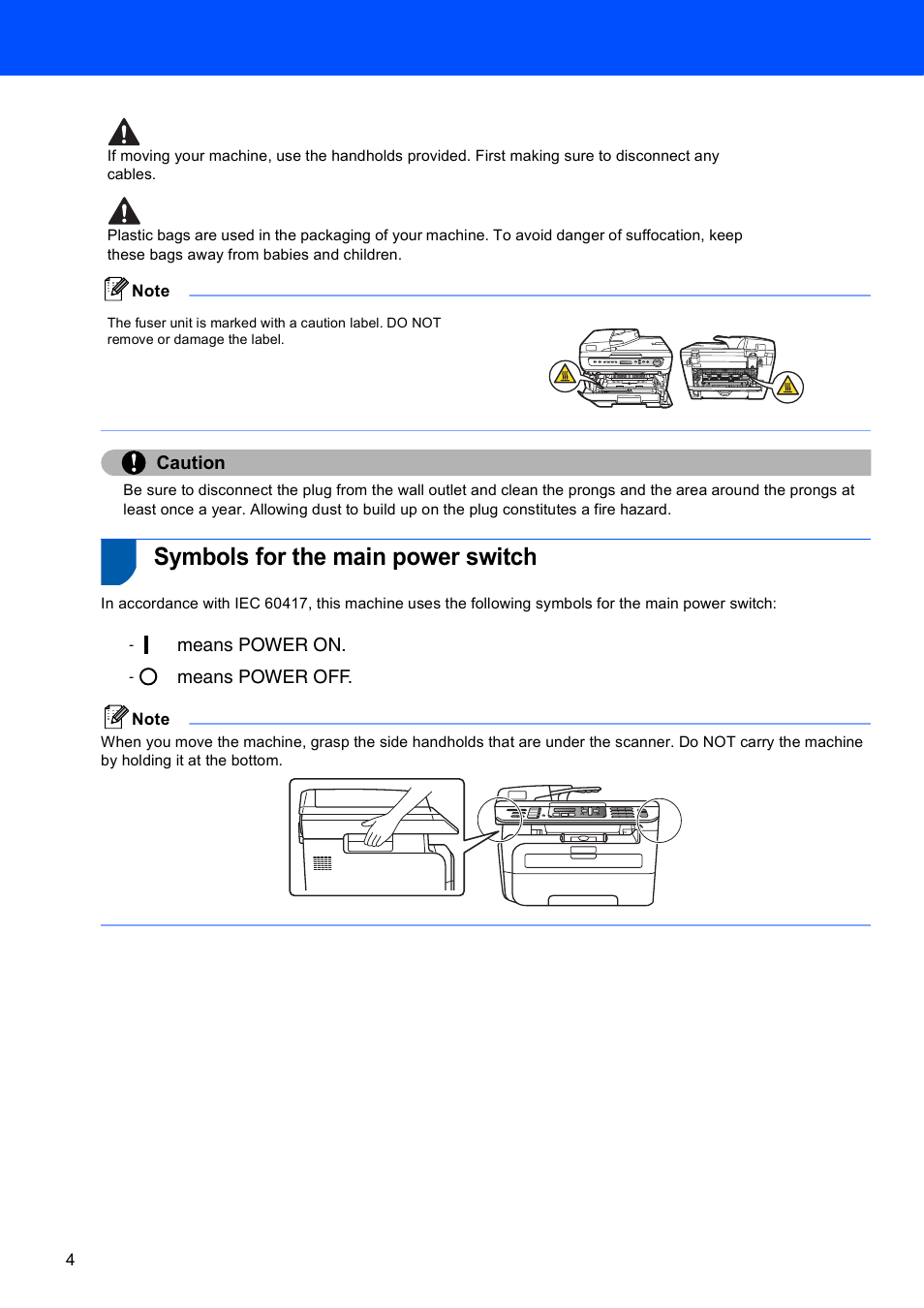 Symbols for the main power switch, Caution, Means power on | Means power off | Scanport Ricoh SP 1200SF User Manual | Page 6 / 36