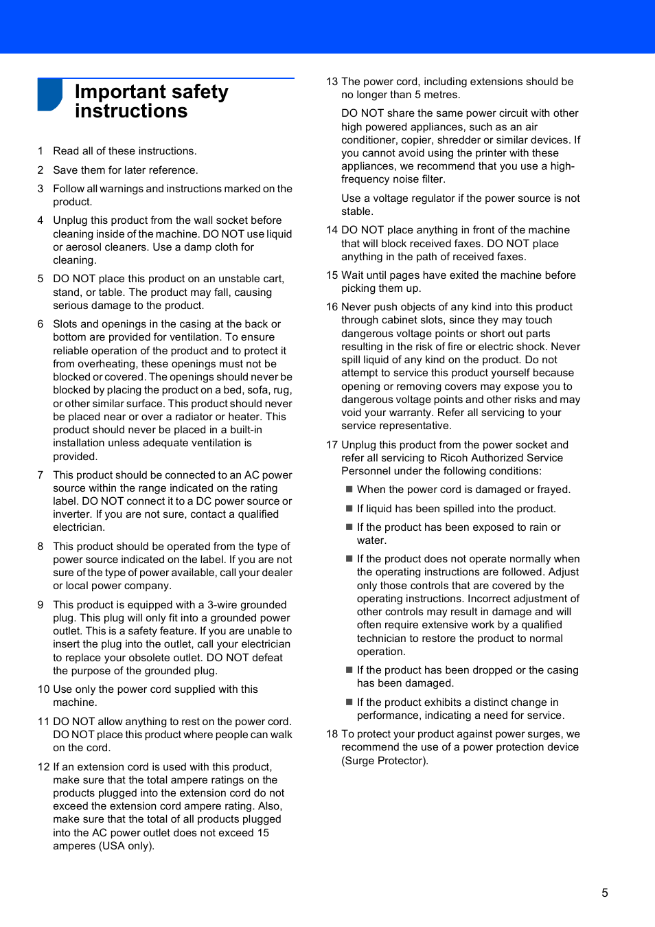 Important safety instructions | Scanport Ricoh SP 1200SF User Manual | Page 7 / 36