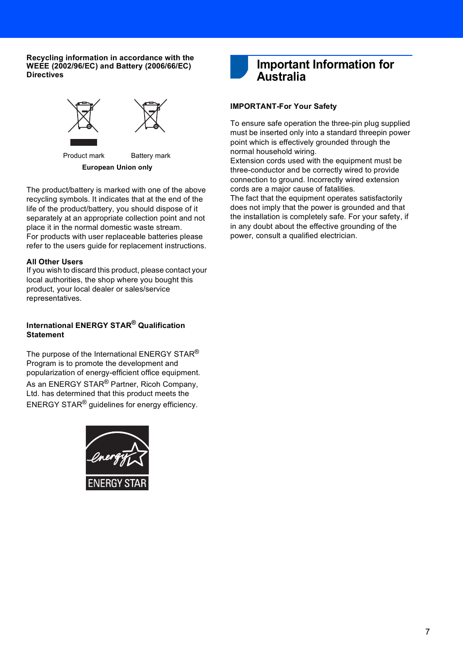Important information for australia | Scanport Ricoh SP 1200SF User Manual | Page 9 / 36