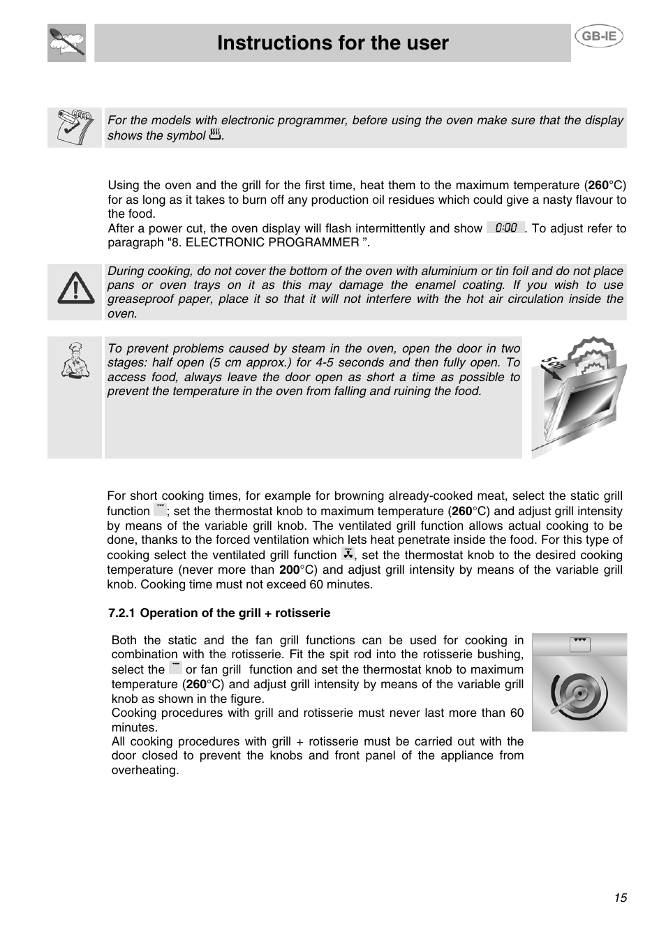 Instructions for the user, Use of the oven, 1 warnings and general advice | 2 use of the electric grill | Smeg SUK81MFA User Manual | Page 13 / 20