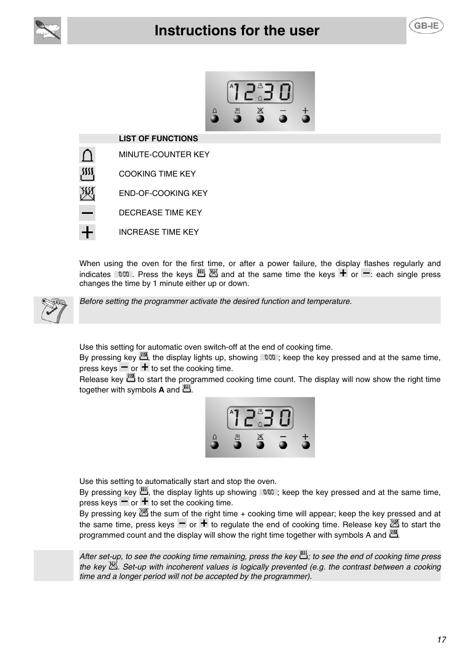 Instructions for the user, Electronic programmer (only on equipped models), 1 clock adjustment | 2 semiautomatic cooking, 3 automatic cooking | Smeg SUK81MFA User Manual | Page 15 / 20