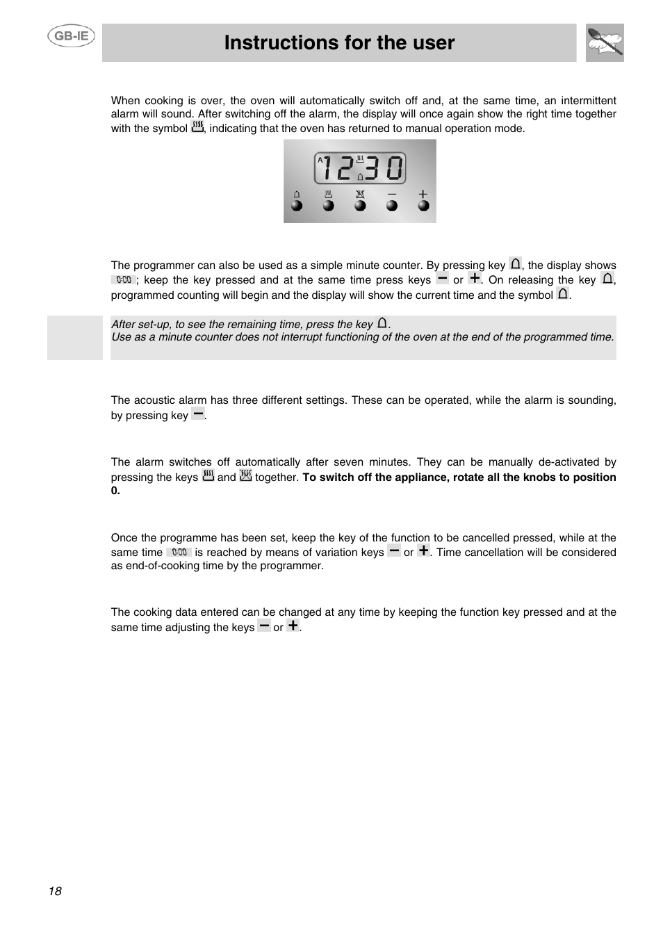 Instructions for the user, 4 end of cooking, 5 minute counter | 6 adjusting alarm volume, 7 switching off the alarm, 8 cancellation of set data, 9 changing the set data | Smeg SUK81MFA User Manual | Page 16 / 20