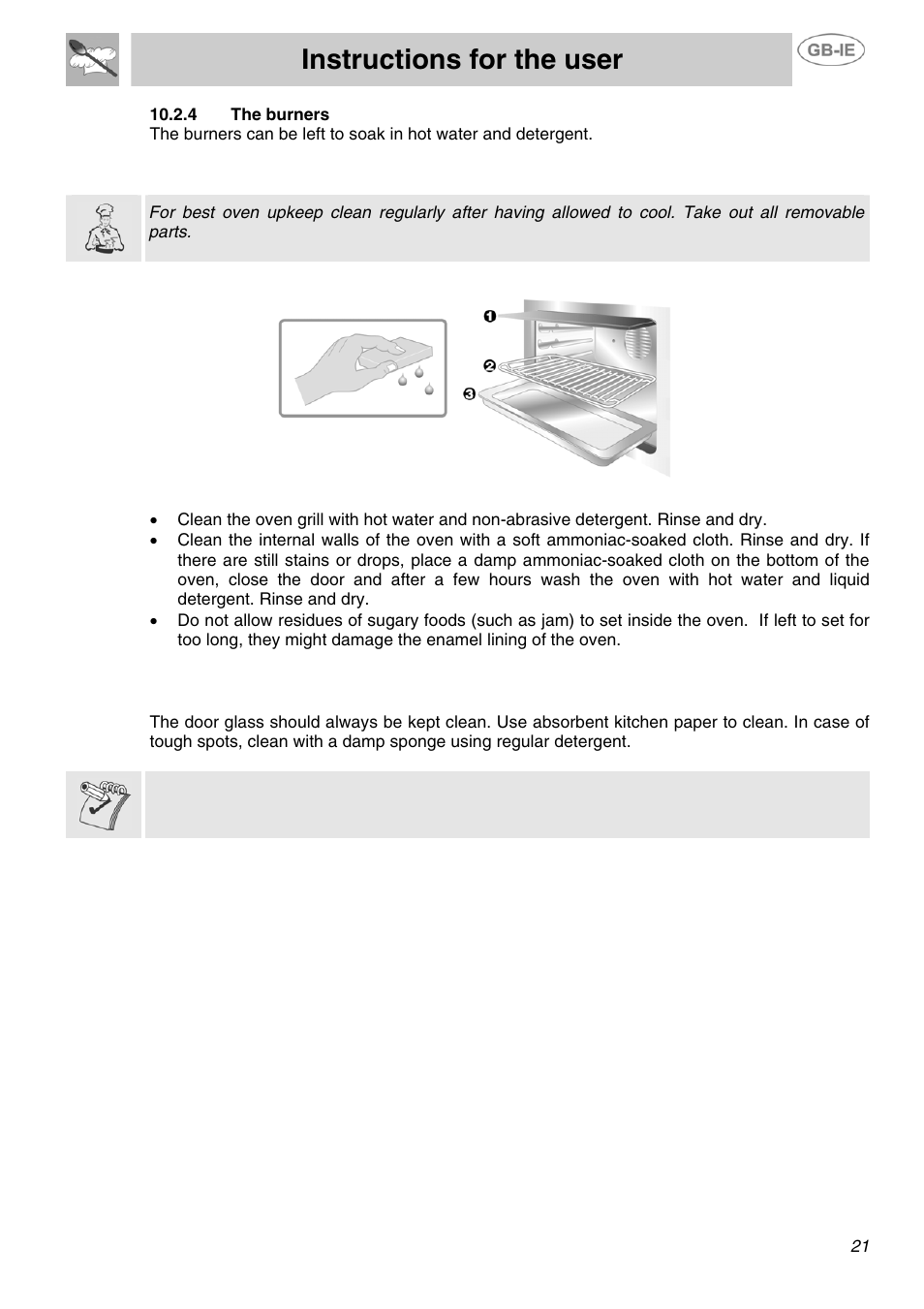 Instructions for the user, 3 cleaning of oven, 4 door glass | Smeg SUK81MFA User Manual | Page 19 / 20