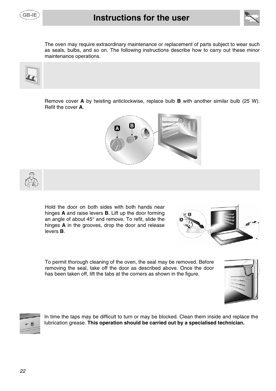 Instructions for the user, Extraordinary maintenance, 1 replacement of light bulb | 2 removing the door, 3 oven door seal, 4 lubrication of the taps, Only use oven bulbs (t 300°c) | Smeg SUK81MFA User Manual | Page 20 / 20