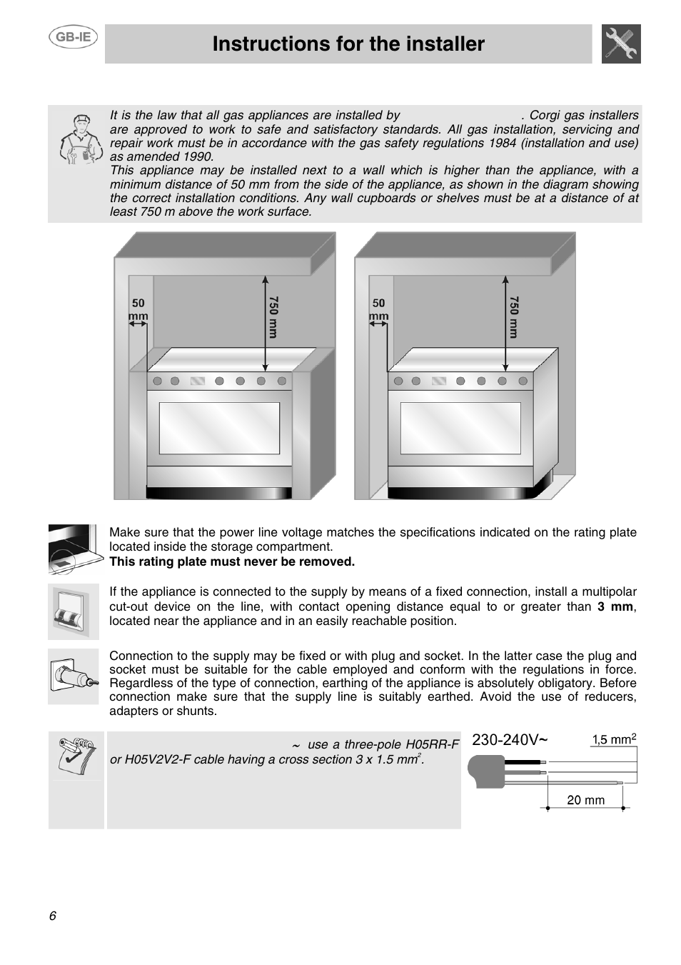 Instructions for the installer, Installation of the appliance, 1 electrical connection | Smeg SUK81MFA User Manual | Page 4 / 20