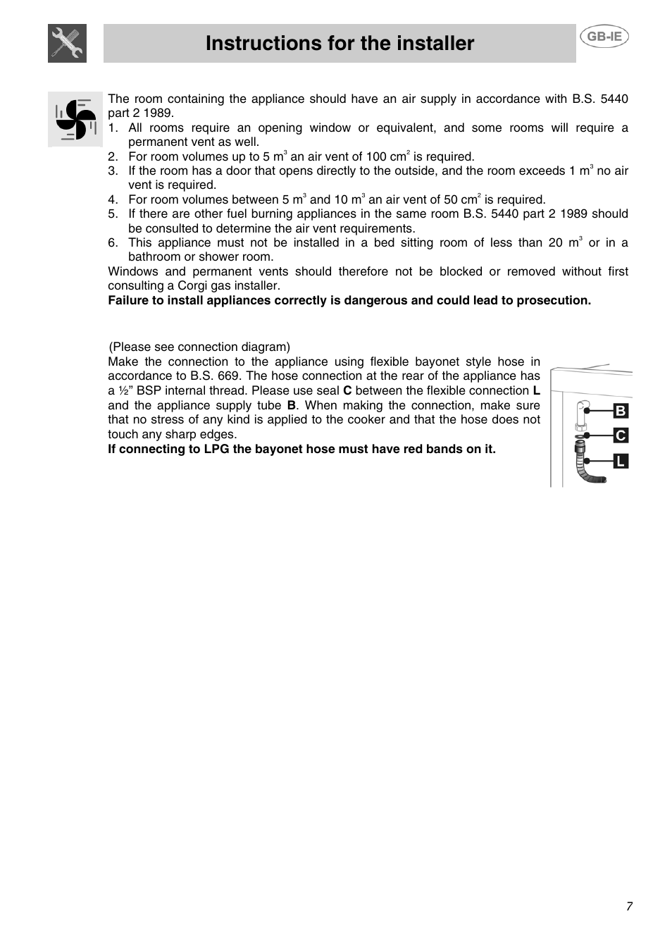 Instructions for the installer, 2 ventilation requirements, 3 connecting to natural and lpg gas | Smeg SUK81MFA User Manual | Page 5 / 20