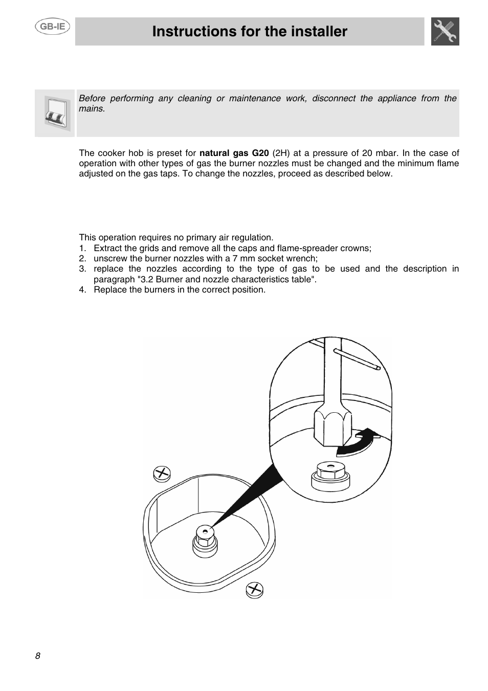 Instructions for the installer, Adaptation to different types of gas, 1 replacement of nozzles on the hob | Smeg SUK81MFA User Manual | Page 6 / 20