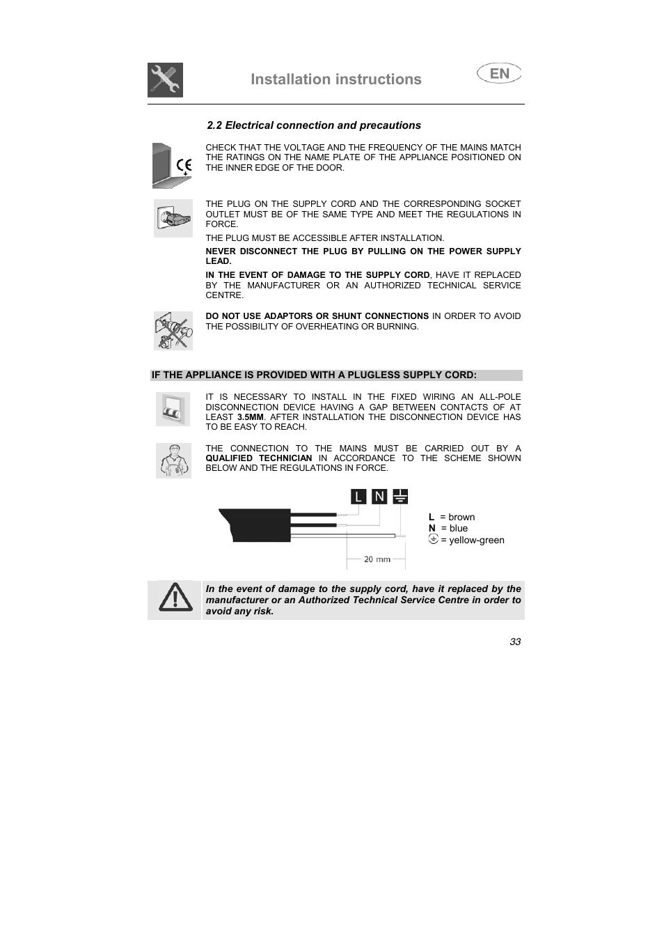 Installation instructions | Smeg BLV1NE User Manual | Page 21 / 37