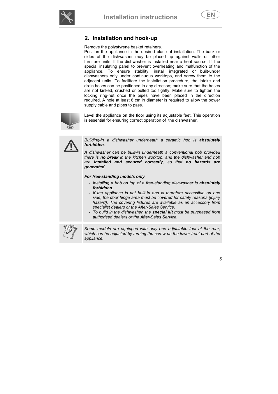 Installation instructions, Installation and hook-up | Smeg CA01-5 User Manual | Page 6 / 30