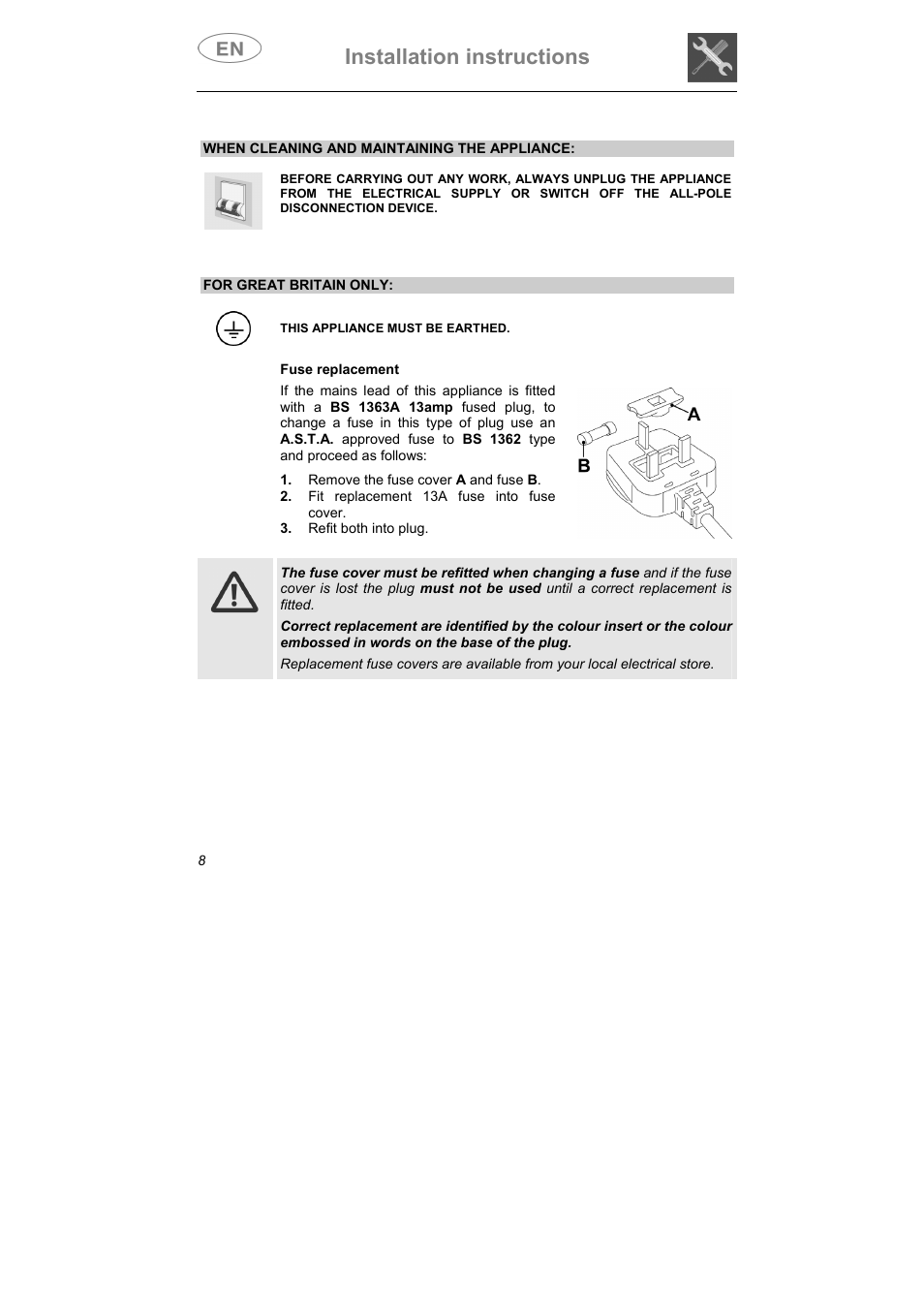 Installation instructions | Smeg CA01-5 User Manual | Page 9 / 30