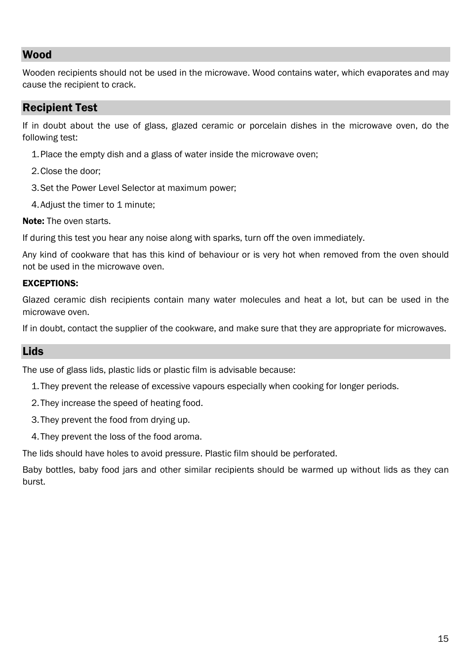 Wood, Recipient test, Lids | Smeg FME20EX3 User Manual | Page 16 / 22