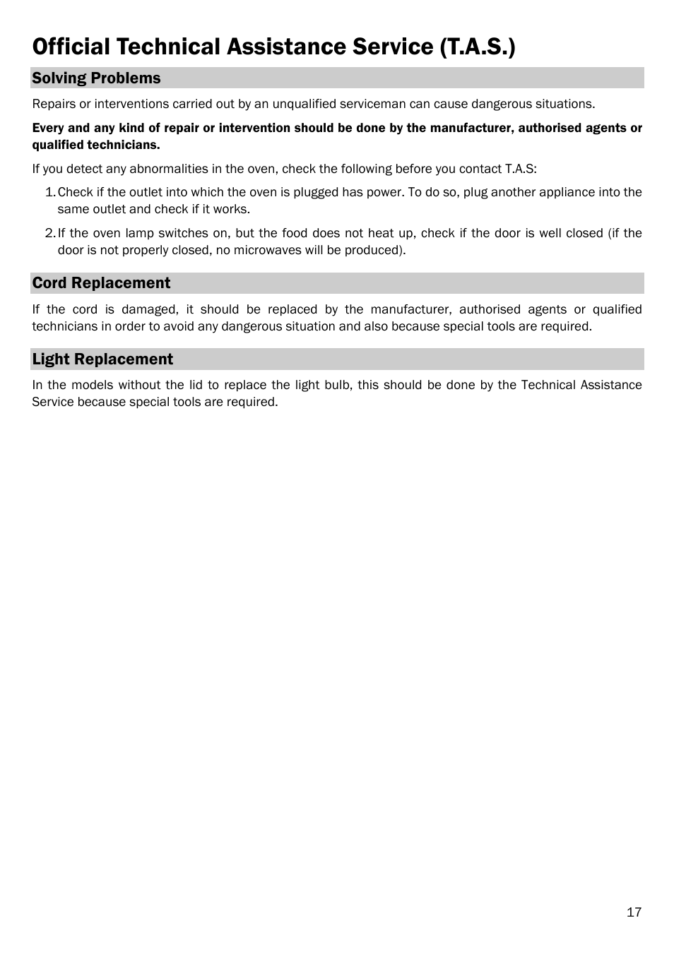 Official technical assistance service (t.a.s.) | Smeg FME20EX3 User Manual | Page 18 / 22